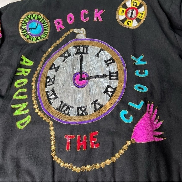 VINTAGE MODI DENIM Black Sequined Time Flies Jacket Coat Women's M 8-10 - Picture 6 of 17